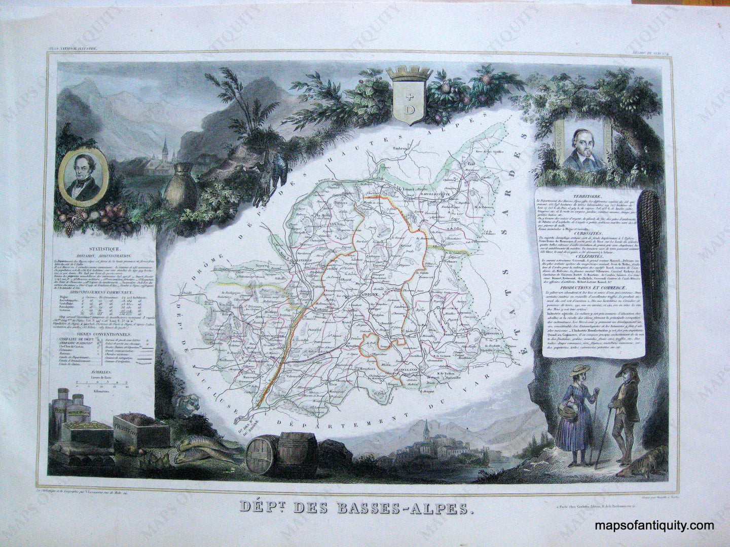 Antique-Hand-Colored-Map-Dept.-des-Basses-Alpes-France-Europe-France-1851-Levasseur-Maps-Of-Antiquity