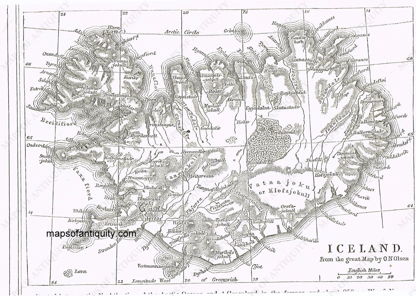 Antique-Black-&-White-Map-Iceland-******-Europe----Maps-Of-Antiquity