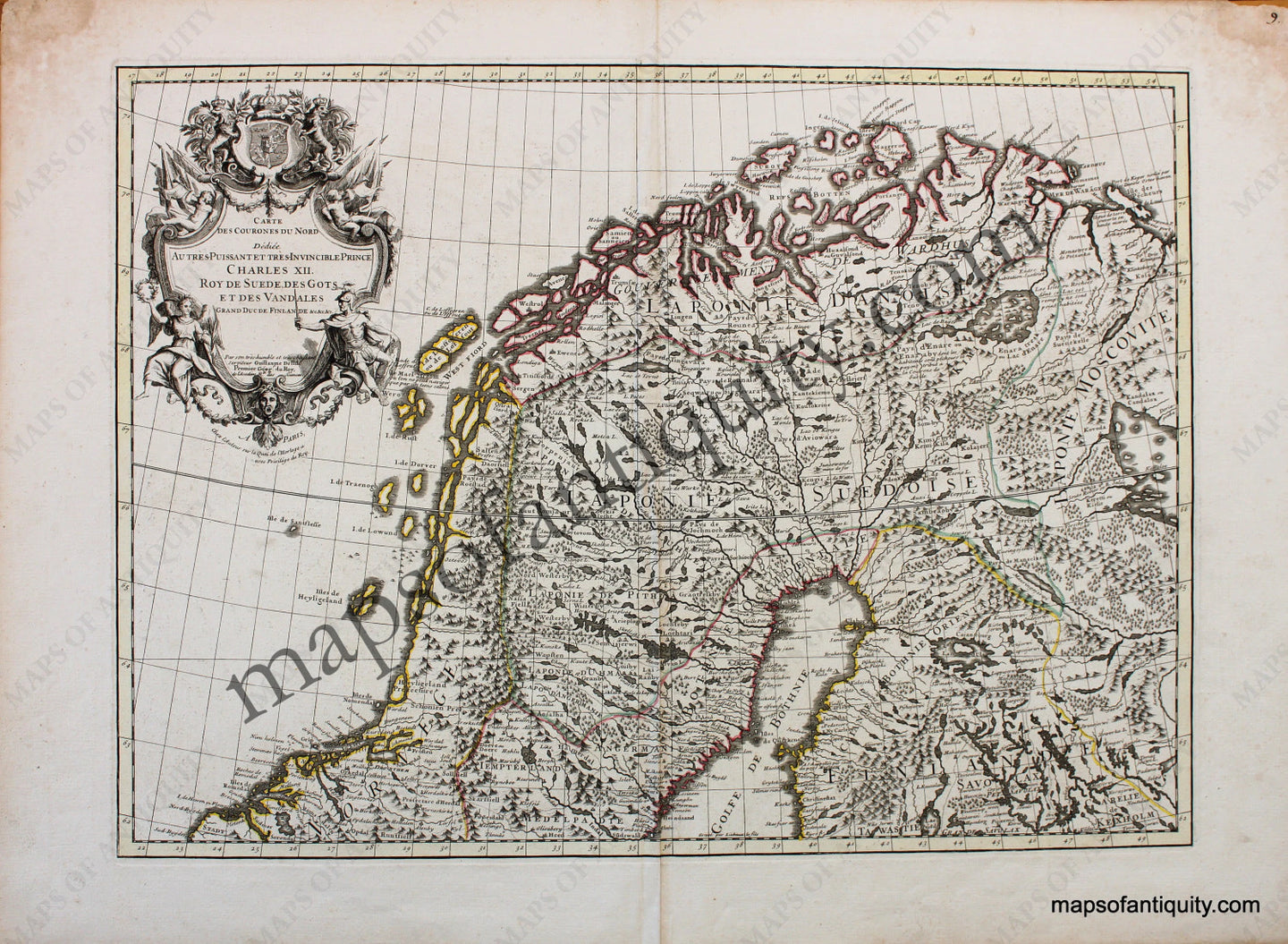 Antique-Hand-Colored-Map-Scandinavia-Carte-des-Courrones-du-Nord-**********-Europe-Norway-1745-De-L'Isle-Maps-Of-Antiquity