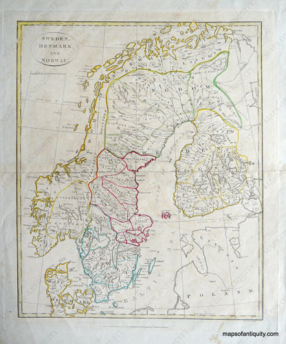 Antique-Hand-Colored-Map-Sweden-Denmark-and-Norway-Europe-Scandinavia-1808-Longman-Maps-Of-Antiquity