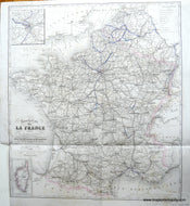 Antique map of France with inset showing Paris, with original line-coloring along roads and borders.