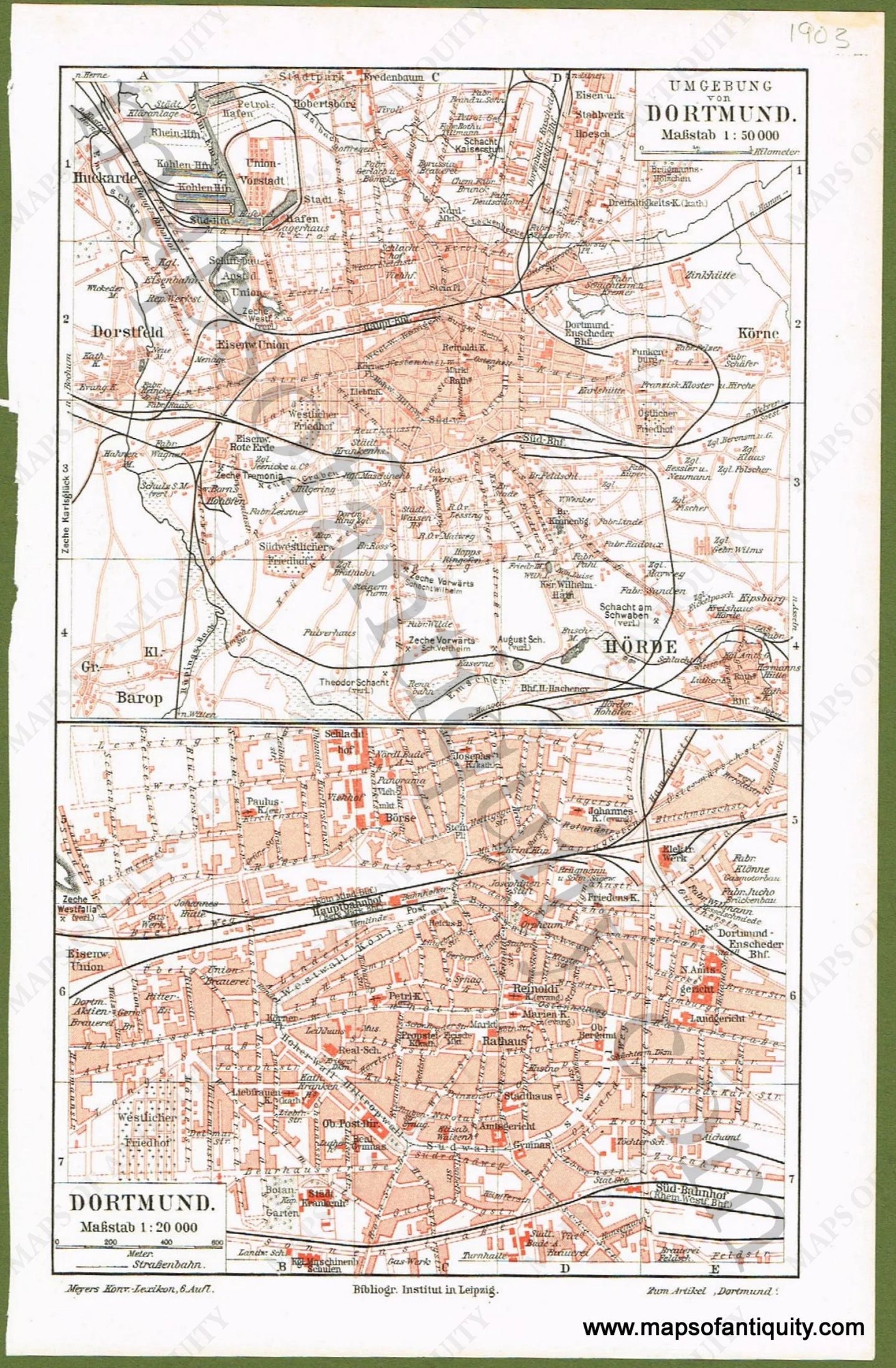 Antique-Map-City-Dortmund-and-Surroundings-Germany-Cities-Meyers-1903-1900s-Early-20th-Century-Maps-of-Antiquity