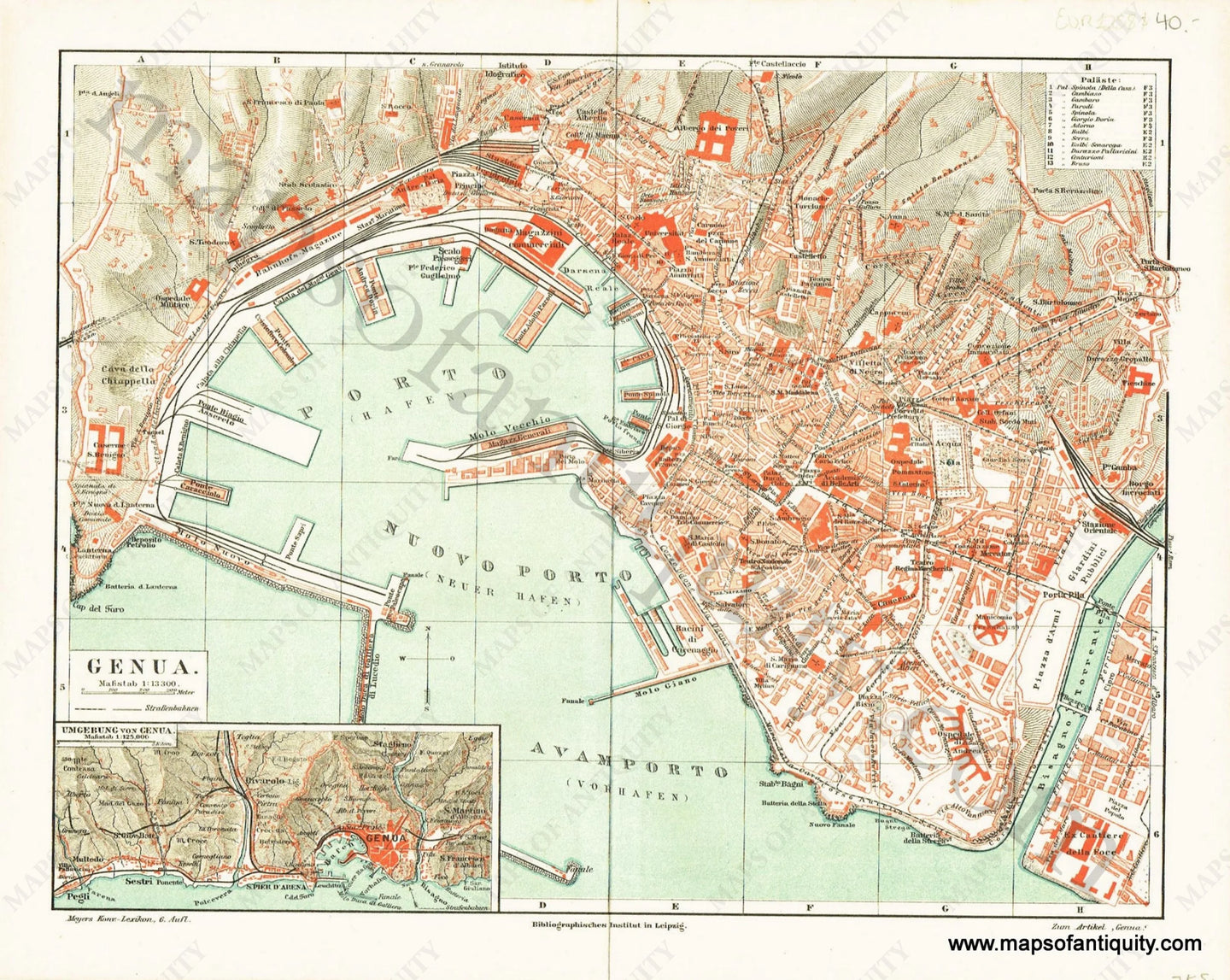 Antique-Map-Genua-Genoa-Italy-Italian-City-Cities-Meyers-1900-1900s-Early-20th-Century-Maps-of-Antiquity