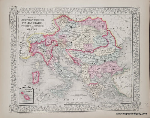 Antique map of Italy, Hungary, Austria, and the Balkans in tones of pink, yellow, green, blue.