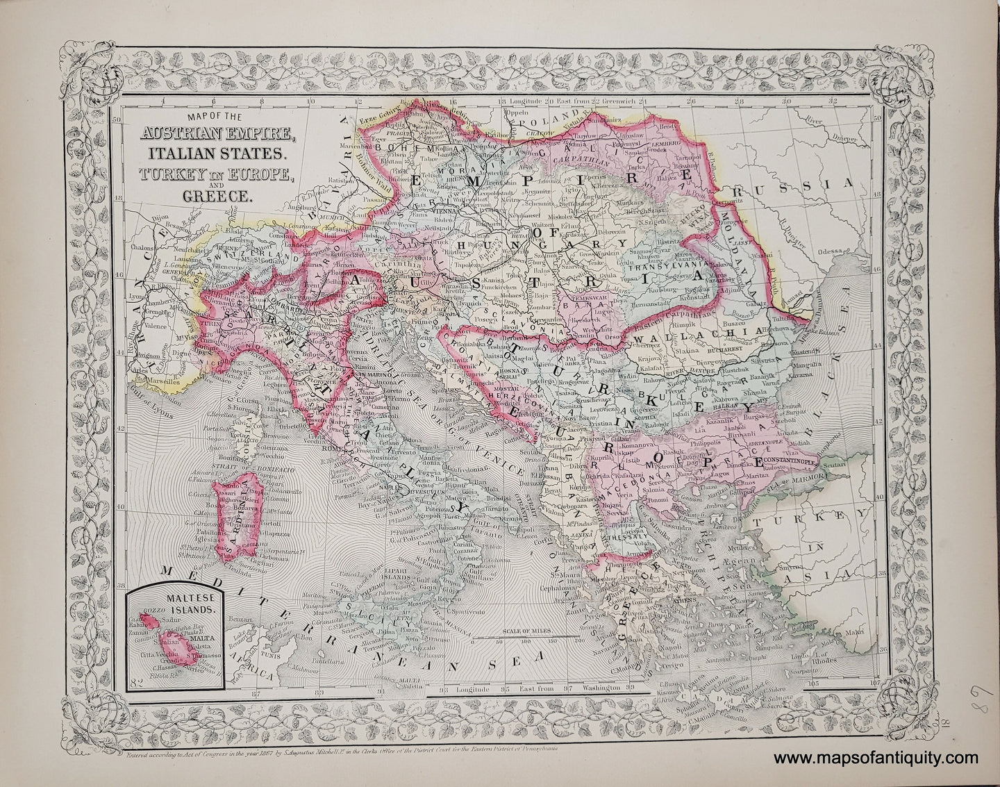 Antique map of Italy, Hungary, Austria, and the Balkans in tones of pink, yellow, green, blue.