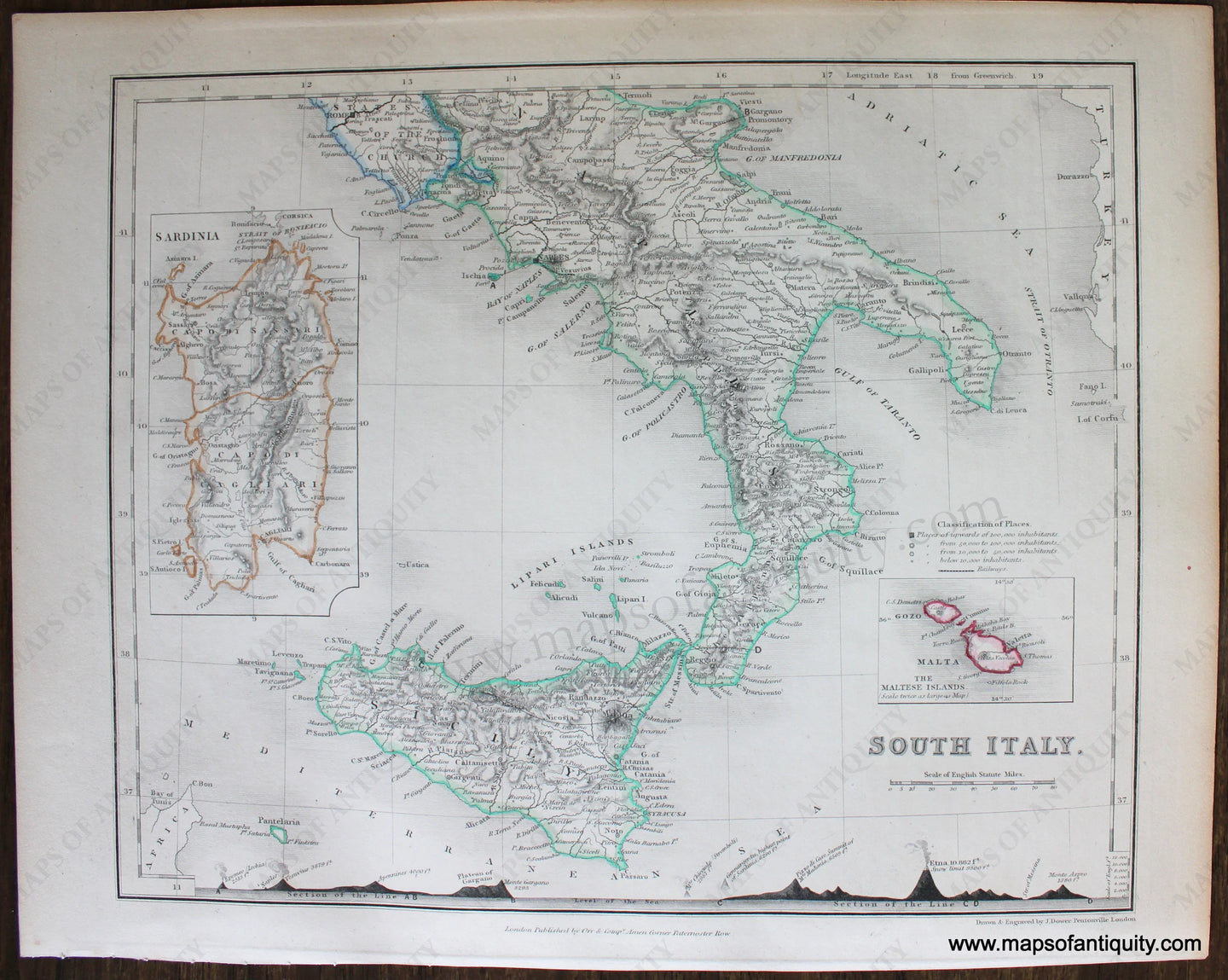 Genuine-Antique-Map-South-Italy-Europe-Italy-1850-Petermann-/-Orr-/-Dower-Maps-Of-Antiquity-1800s-19th-century