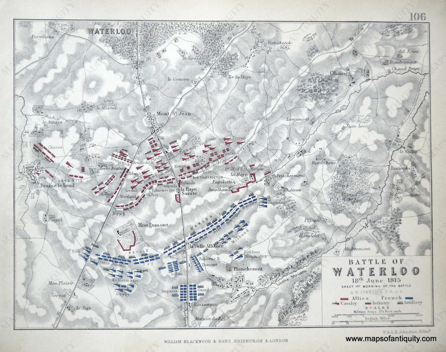 Antique-Hand-Colored-Map-Battle-of-Waterloo-Morning-******-Europe-Belgium-1852-Johnston-Maps-Of-Antiquity