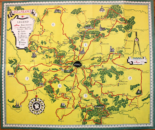 Printed-Color-Antique-Map-Ile-de-France-********-Europe-France-1947-French-Ministry-of-Travel-Maps-Of-Antiquity