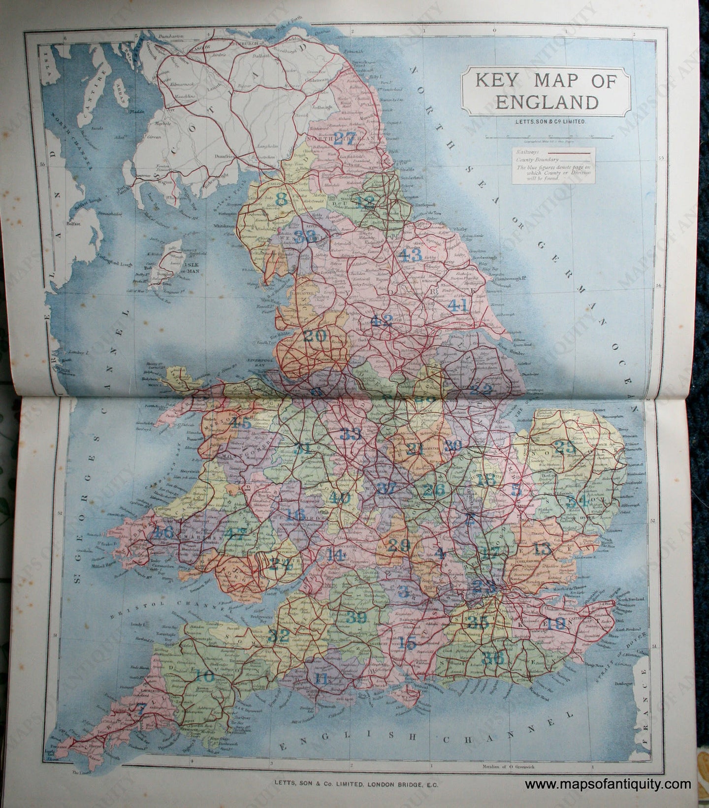 Antique-Printed-Color-Map-Key-Map-of-England-and-Wales-Europe-England-1884-Letts-Maps-Of-Antiquity