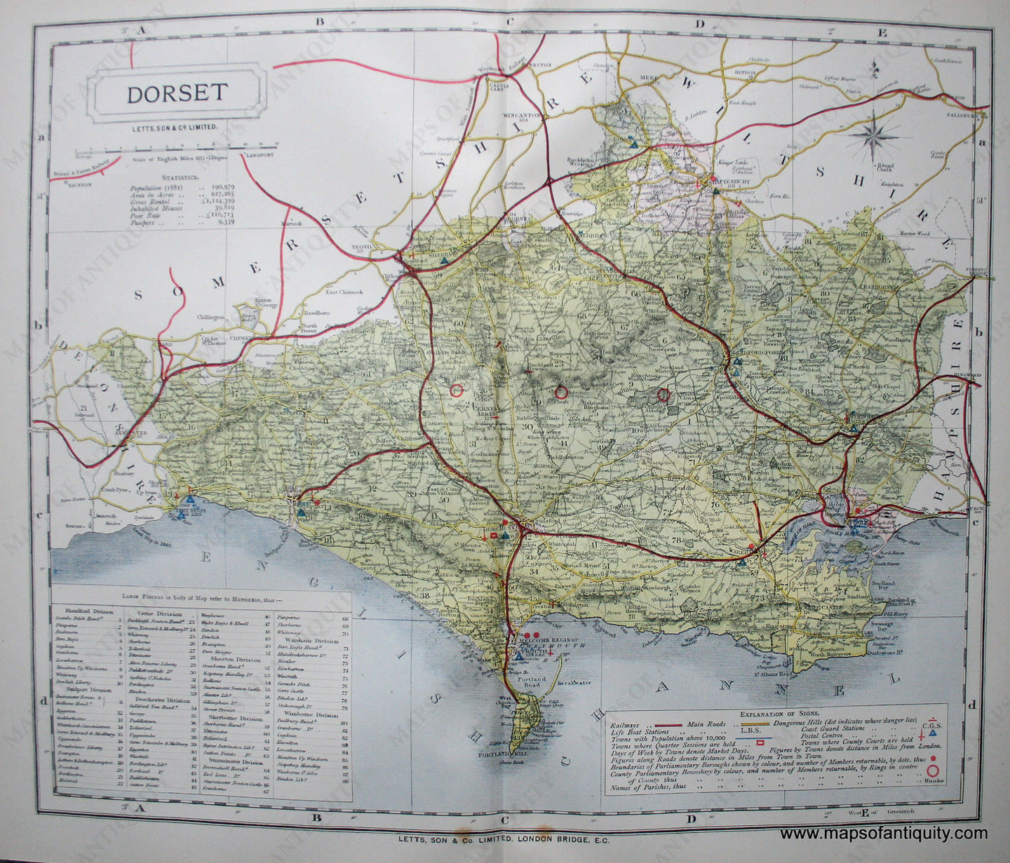 Antique-Printed-Color-Map-Dorset-England-Europe-England-1884-Letts-Maps-Of-Antiquity