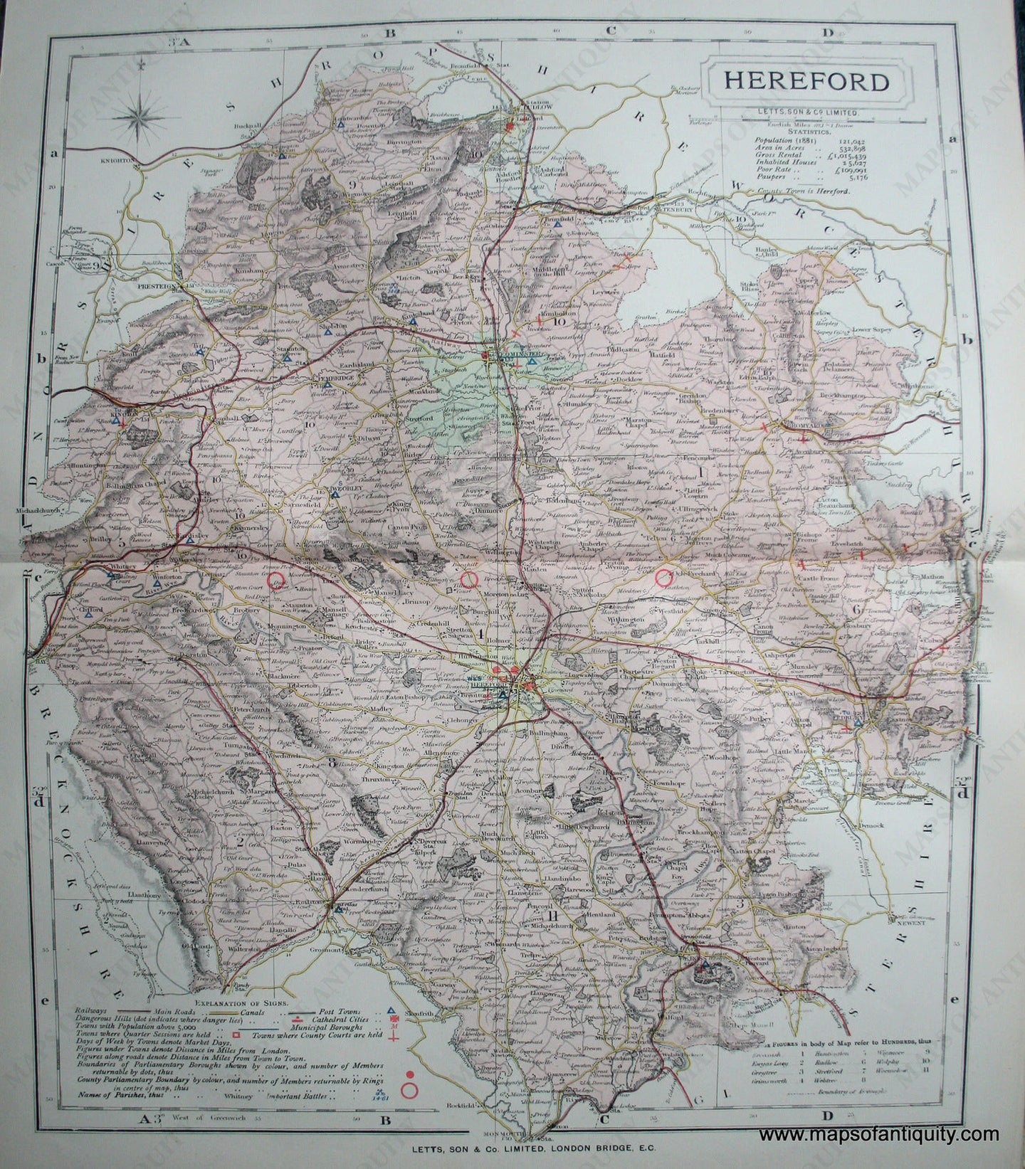 Antique-Printed-Color-Map-Hereford-England-Europe-England-1884-Letts-Maps-Of-Antiquity