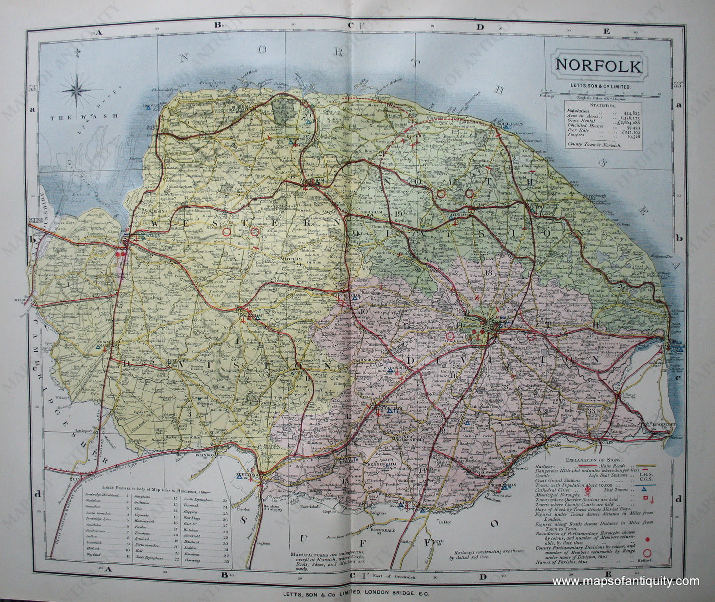 Antique-Printed-Color-Map-Norfolk-England-Europe-England-1884-Letts-Maps-Of-Antiquity