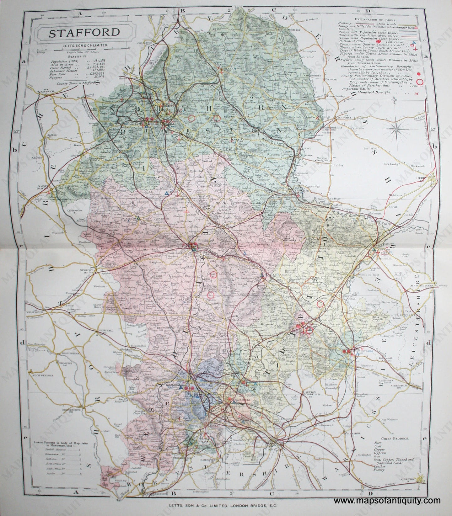 Antique-Printed-Color-Map-Stafford-England-Europe-England-1884-Letts-Maps-Of-Antiquity