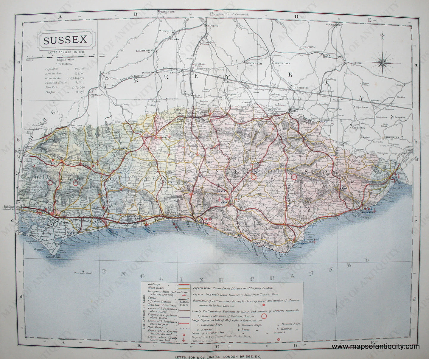 Antique-Printed-Color-Map-Sussex-England-Europe-England-1884-Letts-Maps-Of-Antiquity