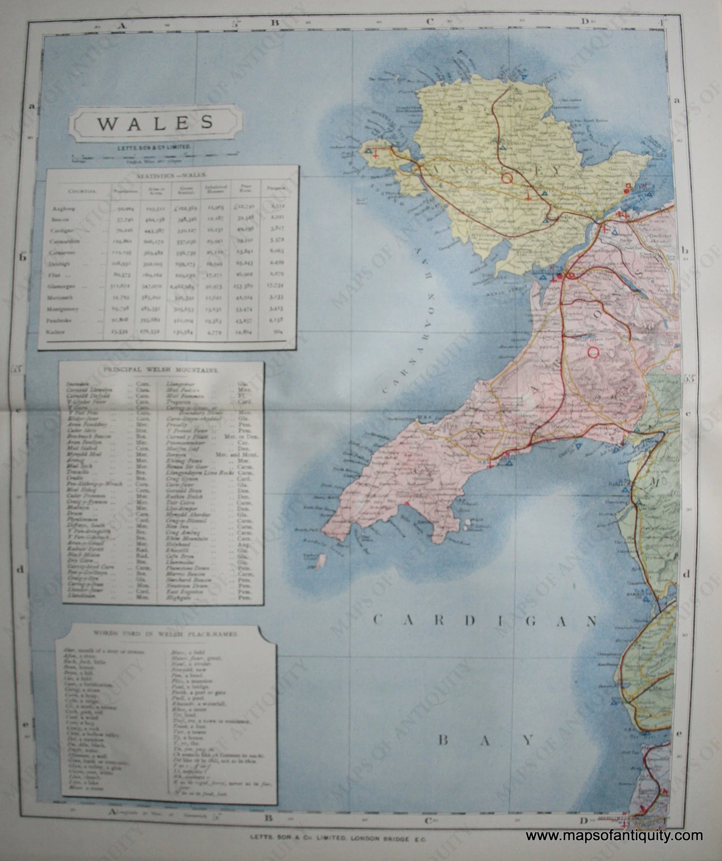 Antique-Printed-Color-Map-Wales-Europe-England-1884-Letts-Maps-Of-Antiquity