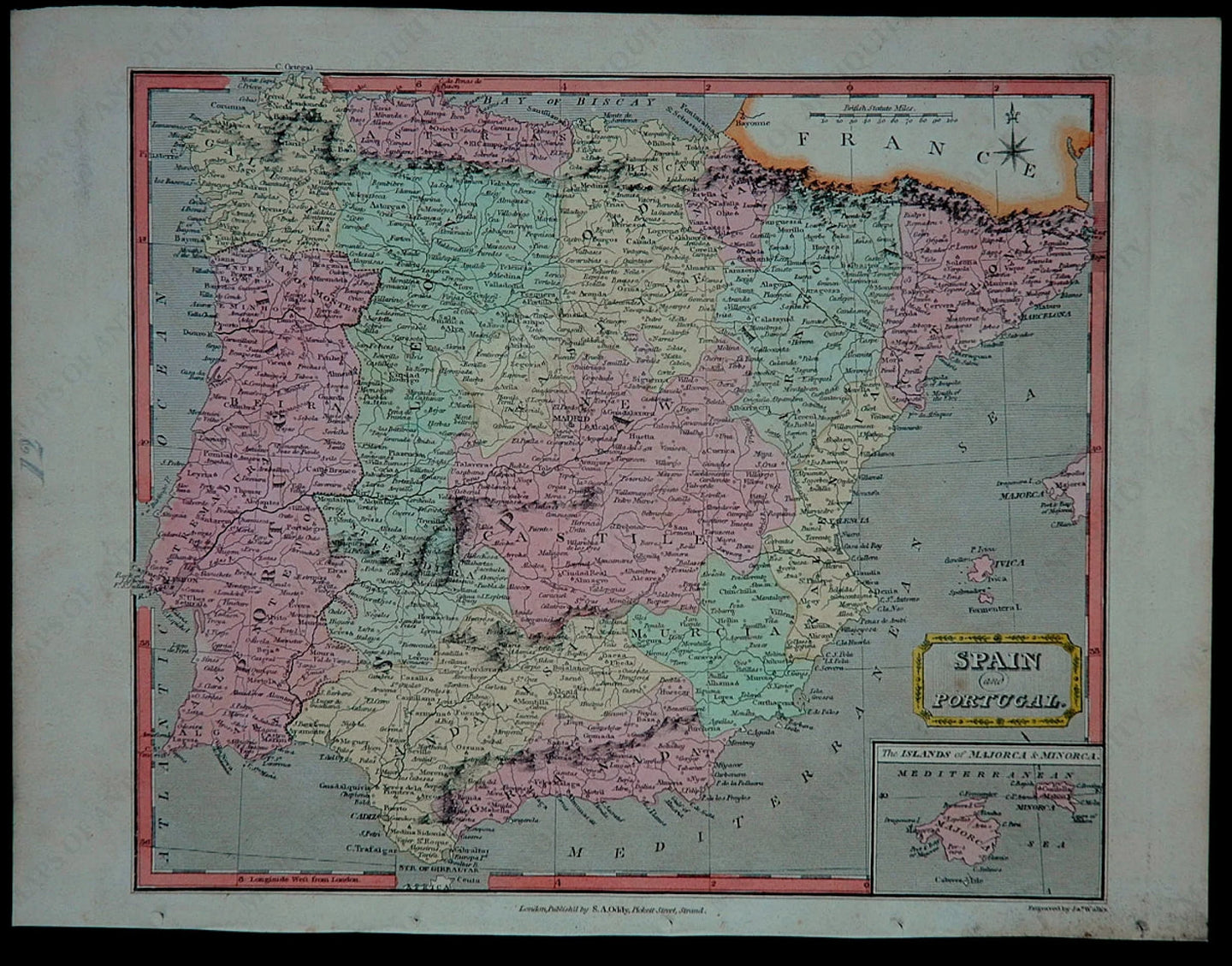 Engraved-and-Antique-Hand-Colored-Map-Spain-and-Portugal.-Europe-Spain-and-Portugal-1811-S.A.-Oddy-Maps-Of-Antiquity