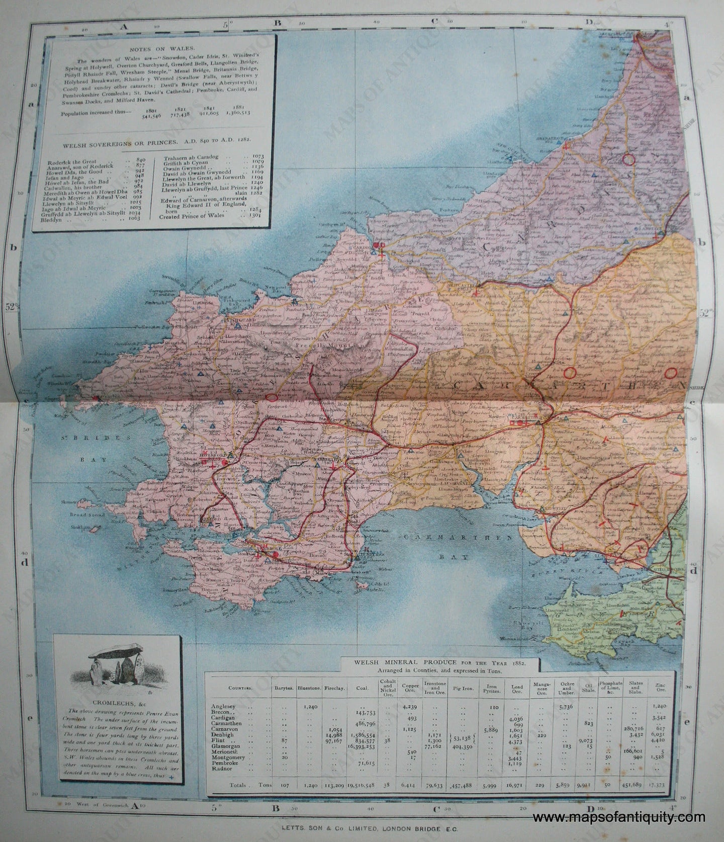 Antique-Printed-Color-Map-West-Wales-Europe-England-1884-Letts-Maps-Of-Antiquity