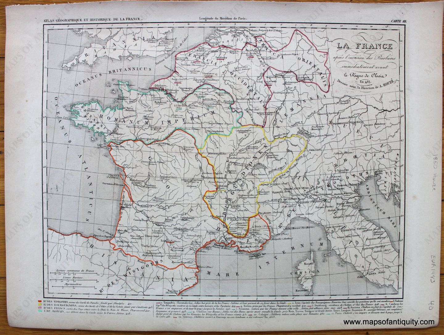 Antique-Hand-Colored-Map-La-France-aprÃƒÆ’Ã‚Â¨s-L'invasion-des-Barbares-Immediatement-Avant-le-Regne-de-Clovis-Europe-France-1850-Houze-Maps-Of-Antiquity