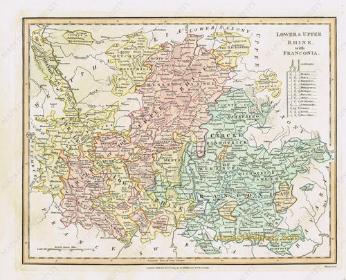 Antique-Hand-Colored-Map-Lower-and-Upper-Rhine-with-Franconia-part-of-Germany-Europe-Germany-1827-Wilkinson-Maps-Of-Antiquity