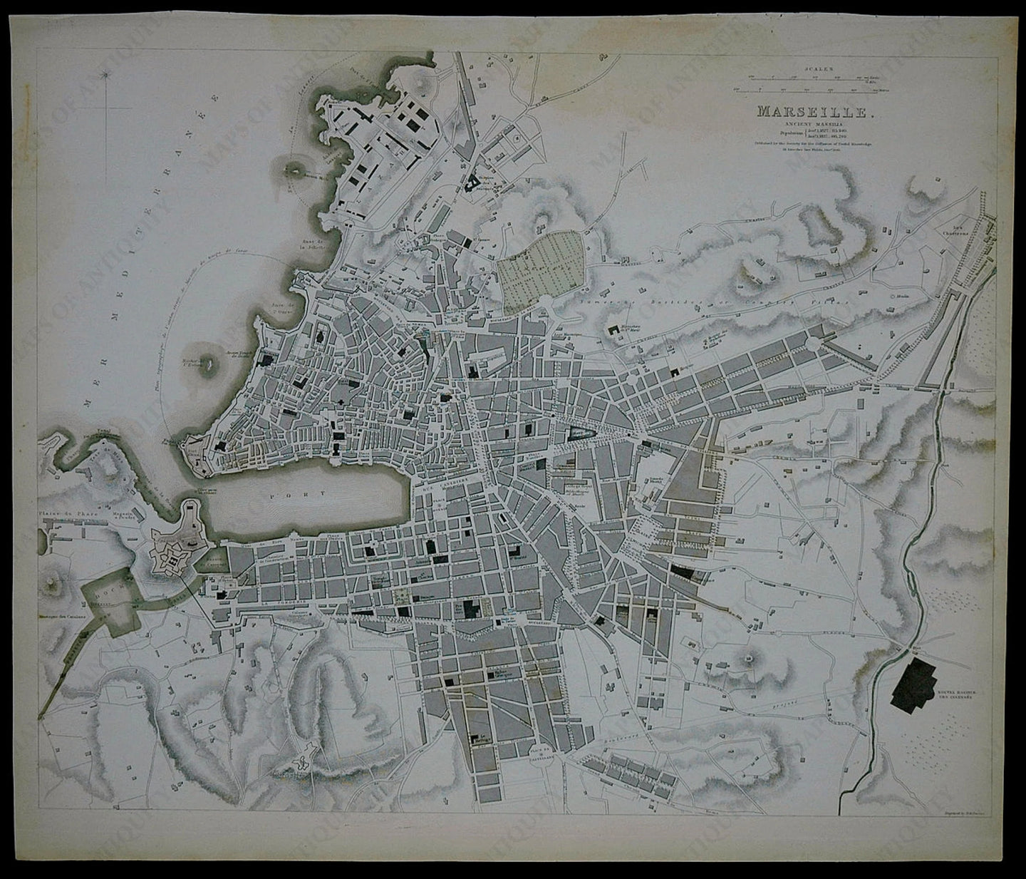 Antique-Hand-Colored-Map-1840-Davies-Marseille.-Ancient-Massilia.-France