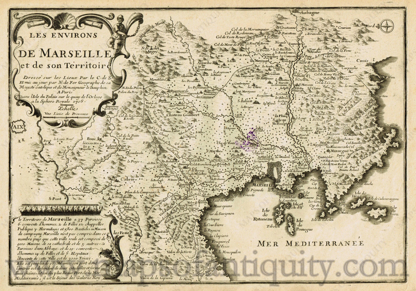 Antique-Black-and-White-Engraved-Map-Les-Environs-de-Marseille-et-de-son-Territoire-Europe-France-1708-de-Fer-Maps-Of-Antiquity