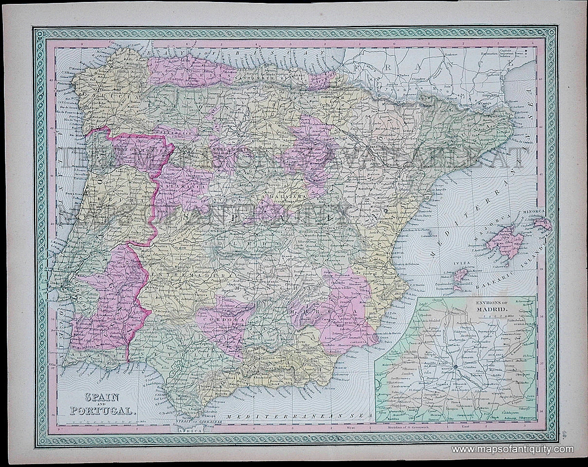 Antique Map with original hand-coloring in tones of green, yellow, peach, and pink. 
Antique-Hand-Colored-Map-Spain-and-Portugal.-Europe-Spain-and-Portugal-1849-Mitchell-Maps-Of-Antiquity