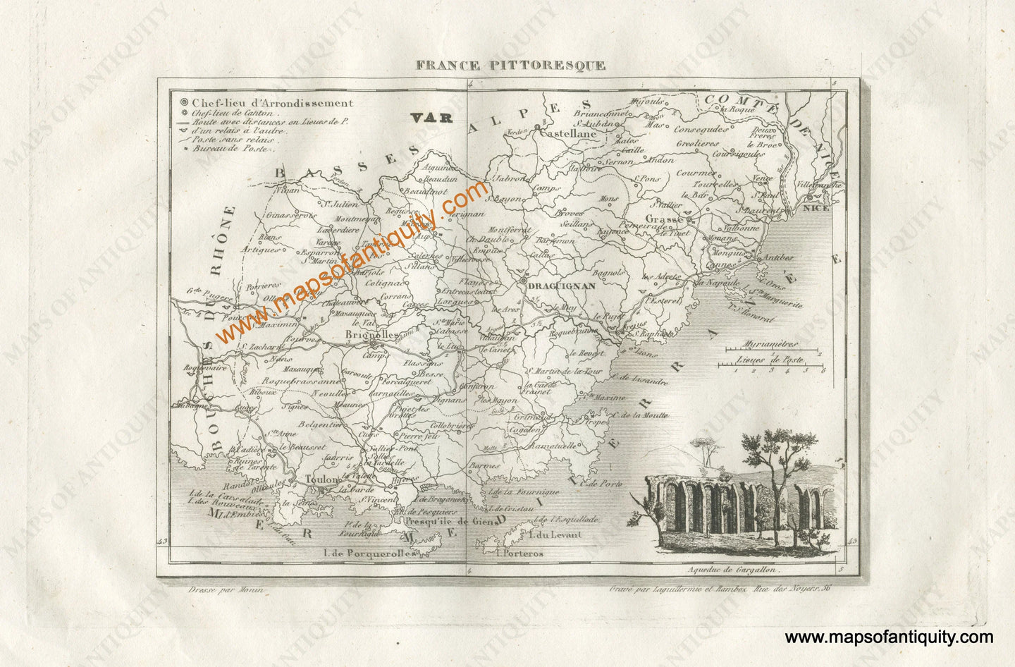 Antique-Black-and-White-Map-France-Var-including-Draguignan-Toulon-Antibes-and-Nice-Europe-France-1835-Monin-Maps-Of-Antiquity