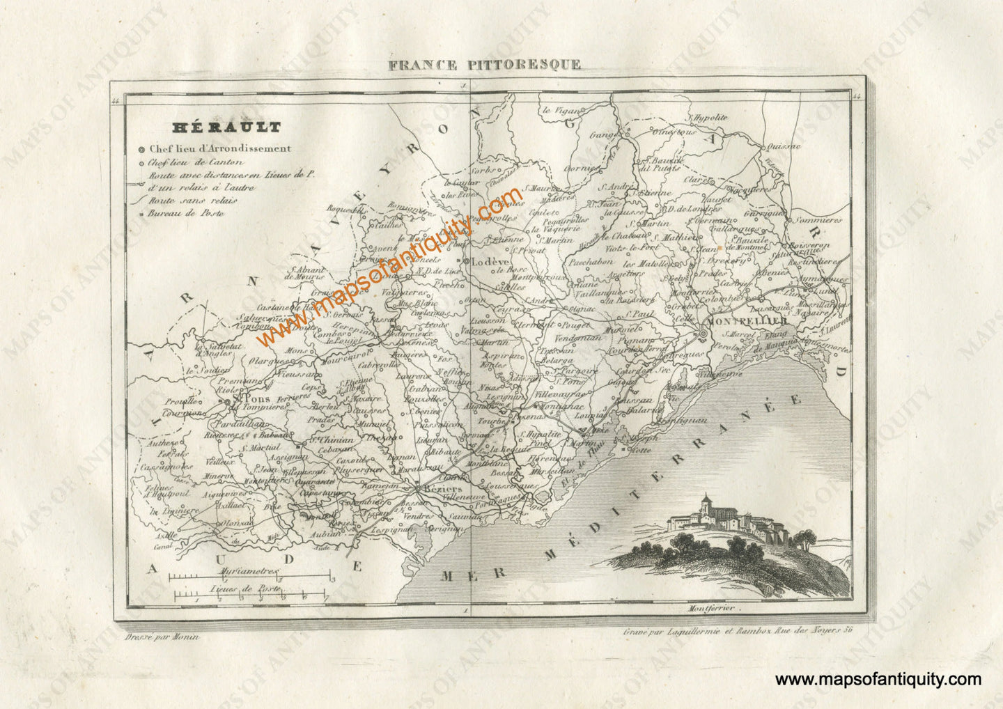 Antique-Black-and-White-Map-France-Ille-et-Vilaine-including-the-cities-of-Mount-St-Michel-and-Rennes-Europe-France-1835-Monin-Maps-Of-Antiquity