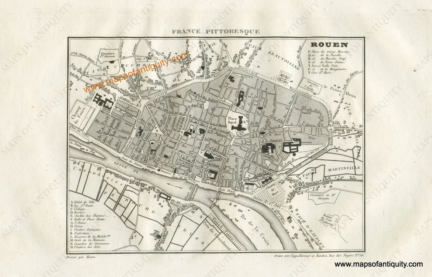 Antique-Black-and-White-Map-The-City-of-Rouen-France-Europe-France-1835-Monin-Maps-Of-Antiquity