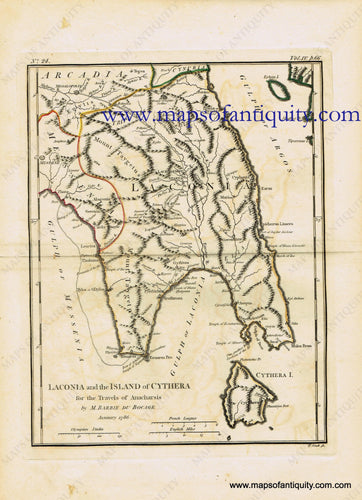 Antique-Hand-Colored-Map-Laconia-and-the-Island-of-Cythera-Greece-Europe-Greece-1791-Barbie-du-Bocage-Maps-Of-Antiquity