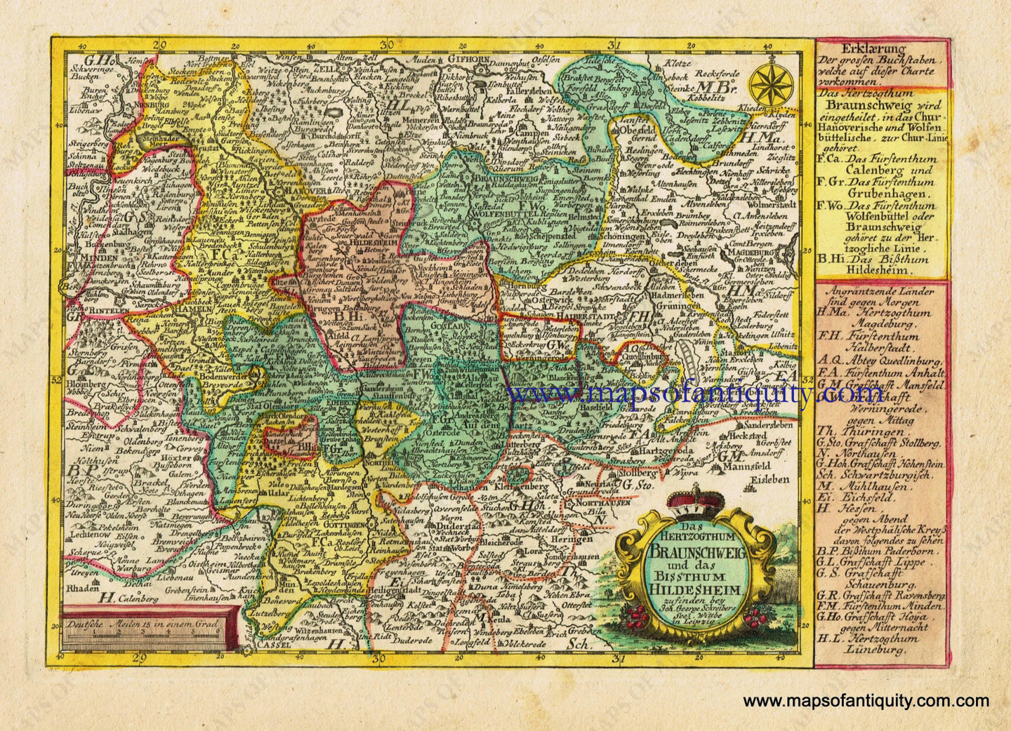 Antique-Hand-Colored-Map-Das-Hertzogthum-Braunschweig-und-das-Bissthum-Hildesheim-Europe-Germany-1741-Johann-George-Schreibern-Maps-Of-Antiquity