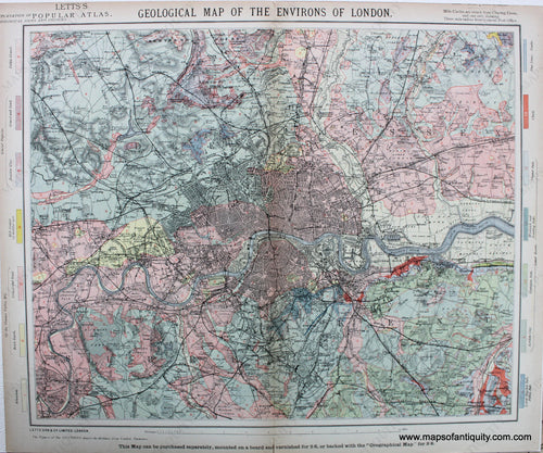 Antique-Printed-Color-Map-Geological-Map-of-the-Environs-of-London-****-Europe-England-1883-Letts-Maps-Of-Antiquity