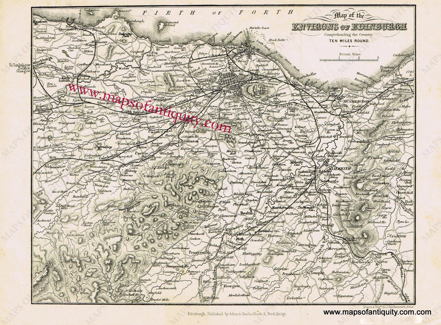 Antique-Black-and-White-Map-Map-of-the-Environs-of-Edinburgh-Europe--c.-1840-Black-Maps-Of-Antiquity