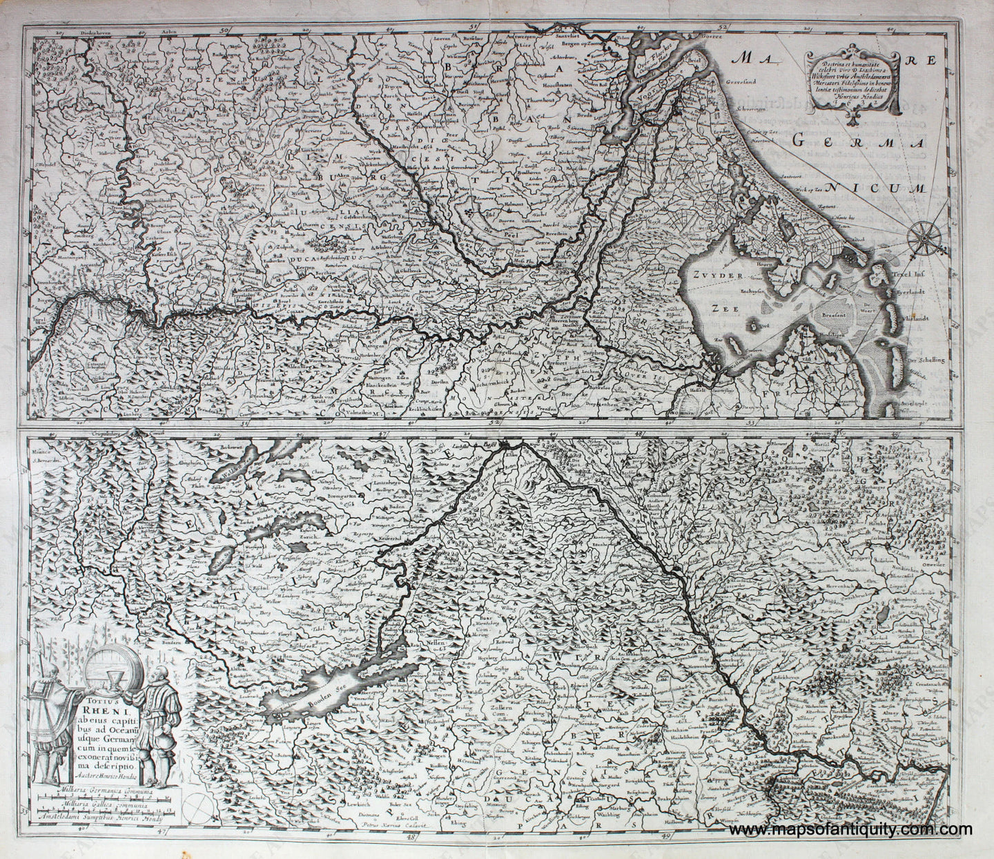 Black-and-White-Antique-Map-Totius-Rheni-The-course-of-the-Rhein-or-Rhine-**********-Europe--1630-Hondius-Maps-Of-Antiquity