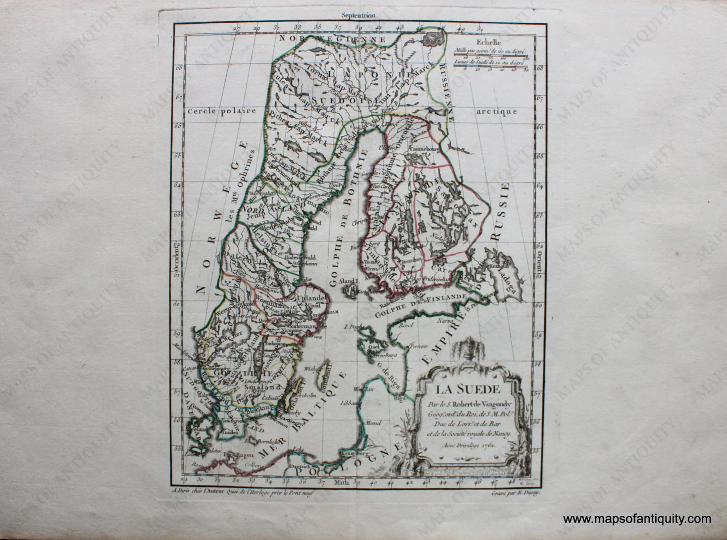 Antique-Hand-Colored-Map-La-Suede-Sweden-Europe-Sweden-1762-Robert-de-Vaugondy-Maps-Of-Antiquity