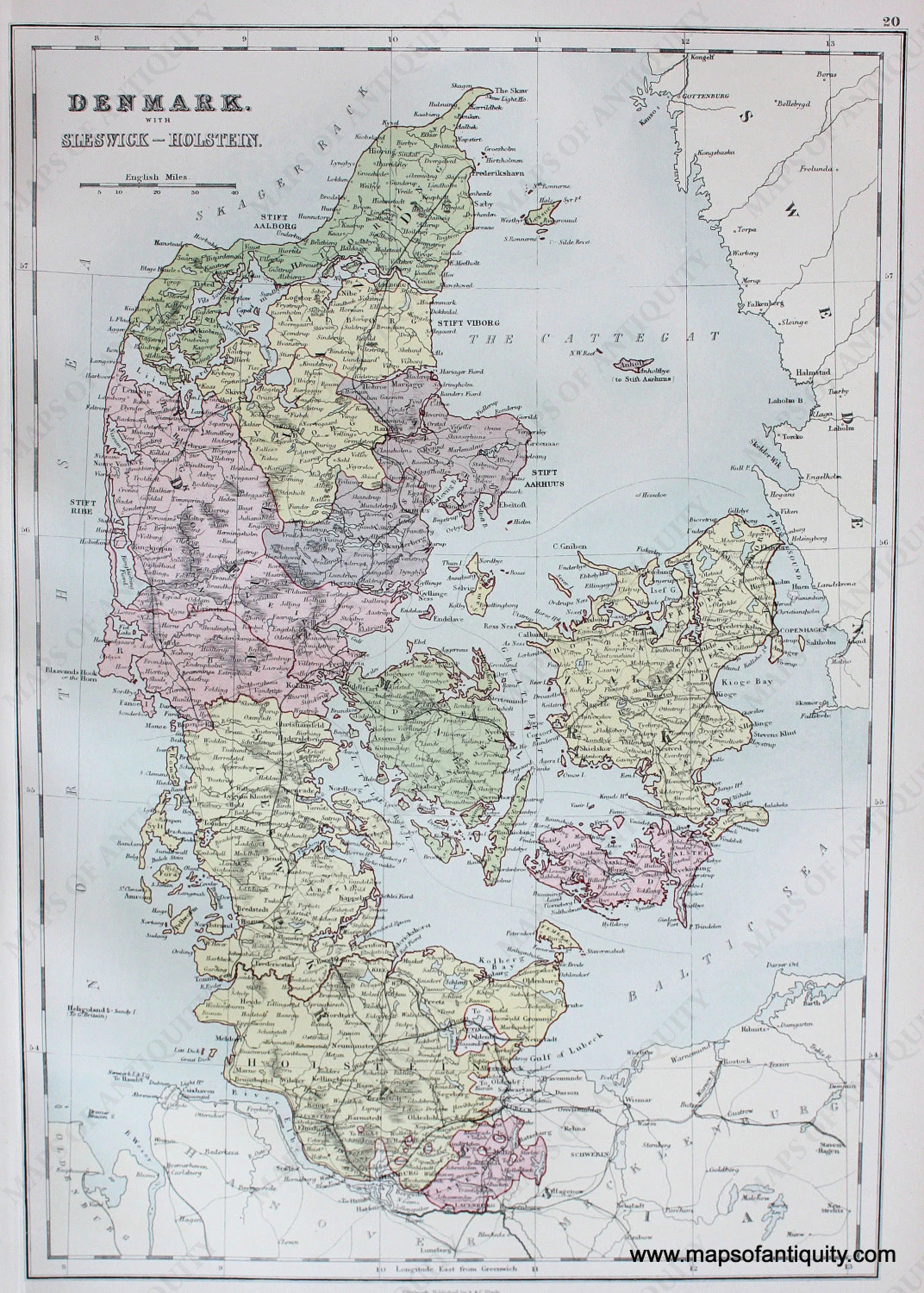 1879 - Denmark with Sleswick - Holstein - Antique Map – Maps of Antiquity