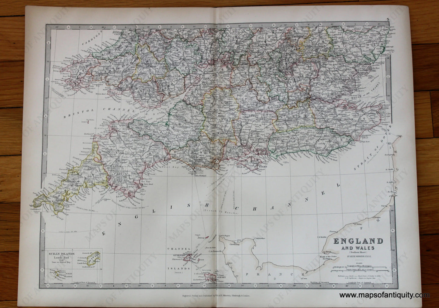 Antique-printed-color-Map-England-and-Wales-(Southern-Sheet)--Europe-England-&-Wales-1881-Johnston-Maps-Of-Antiquity