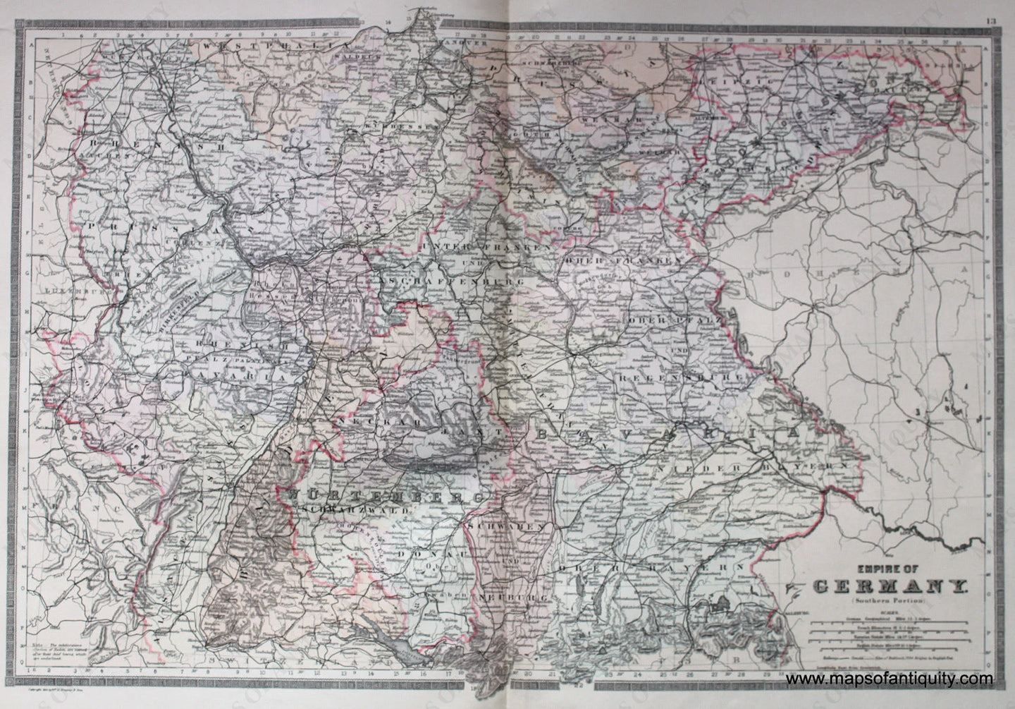 Antique-Hand-Colored-Map-Empire-of-Germany-(Southern-Portion)-Europe-Germany-1887-Bradley-Maps-Of-Antiquity