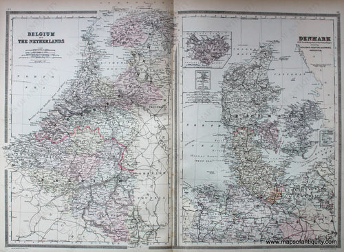 Antique-Hand-Colored-Map-Belgium-and-The-Netherlands/Denmark-with-North-West-portion-of-the-German-Empire-comprising-Schleswig-Holstein-Laurenburg-Hanover-&c.-Europe-Belgium-Netherlands-Denmark-1887-Bradley-Maps-Of-Antiquity