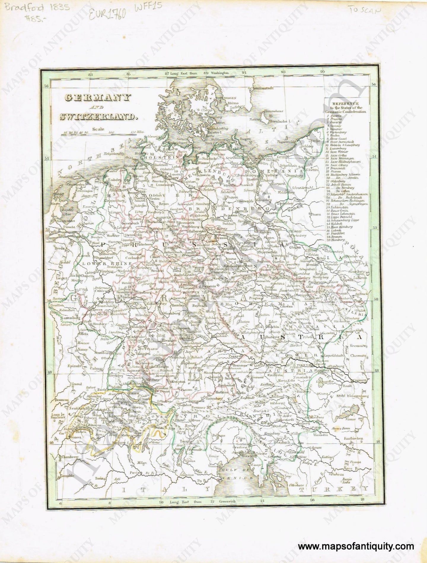 Antique-Hand-Colored-Map-Germany-and-Switzerland-Europe-Germany-Switzerland-1835-T.G.-Bradford-Maps-Of-Antiquity