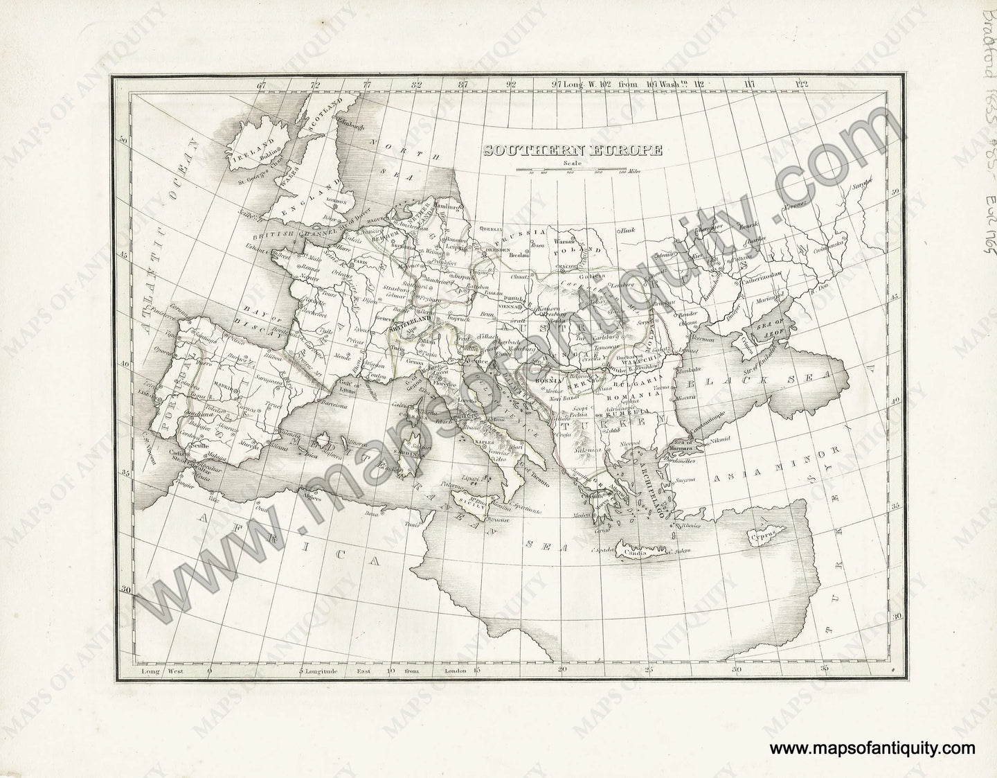 Antique-Hand-Colored-Map-Southern-Europe-Europe--1835-T.G.-Bradford-Maps-Of-Antiquity