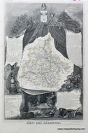 Antique hand-colored map of Ardennes, France, with intricate illustrations and insignia surrounding the map border, showcasing major roads, towns, and a sophisticated aesthetic.