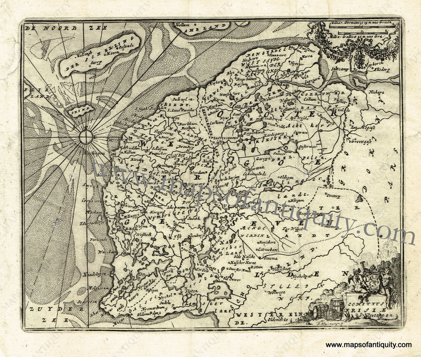 Antique-Black-and-White-Map-Comittus-Frisiae-(Northern-Netherlands)-Europe-The-Netherlands-1725-De-Aefferden-Maps-Of-Antiquity