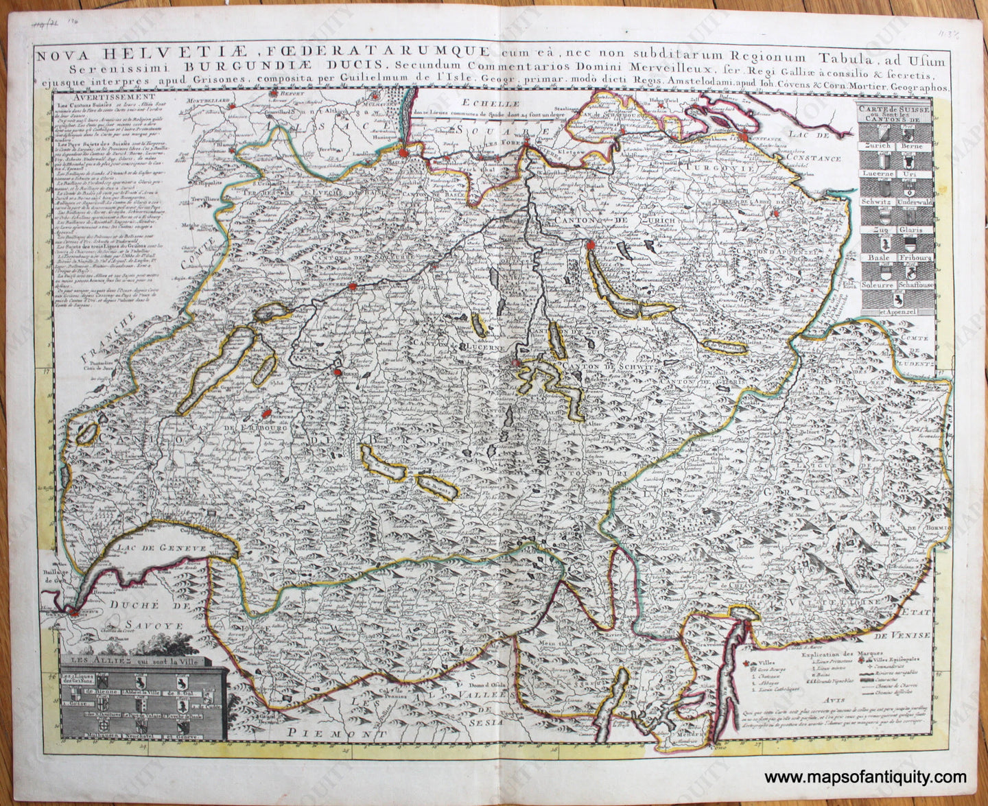 Antique-Hand-Colored-Map-Nova-Helvetiae-Foederatarumque-cum-ea-nec-non-subditarum-Regionum-Tabula-ad-Usum-Serenissimi-Burgundiae-Ducis.-(Switzerland)-Europe-Switzerland-1742-Covens-&-Mortier-Maps-Of-Antiquity