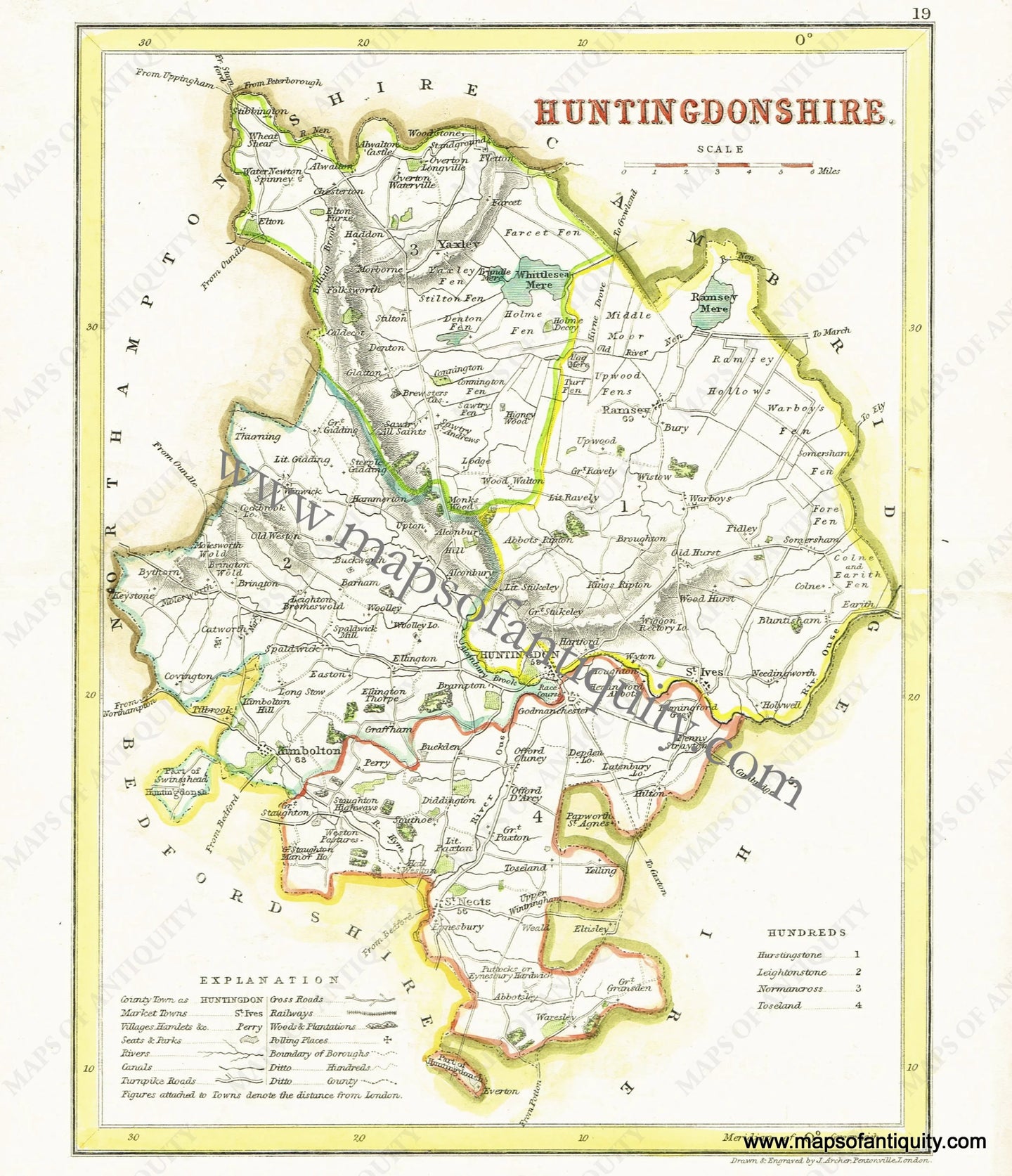 Antique-Hand-Colored-Map-Huntingdonshire-England-Europe-England-c.-1820-Archer-Maps-Of-Antiquity