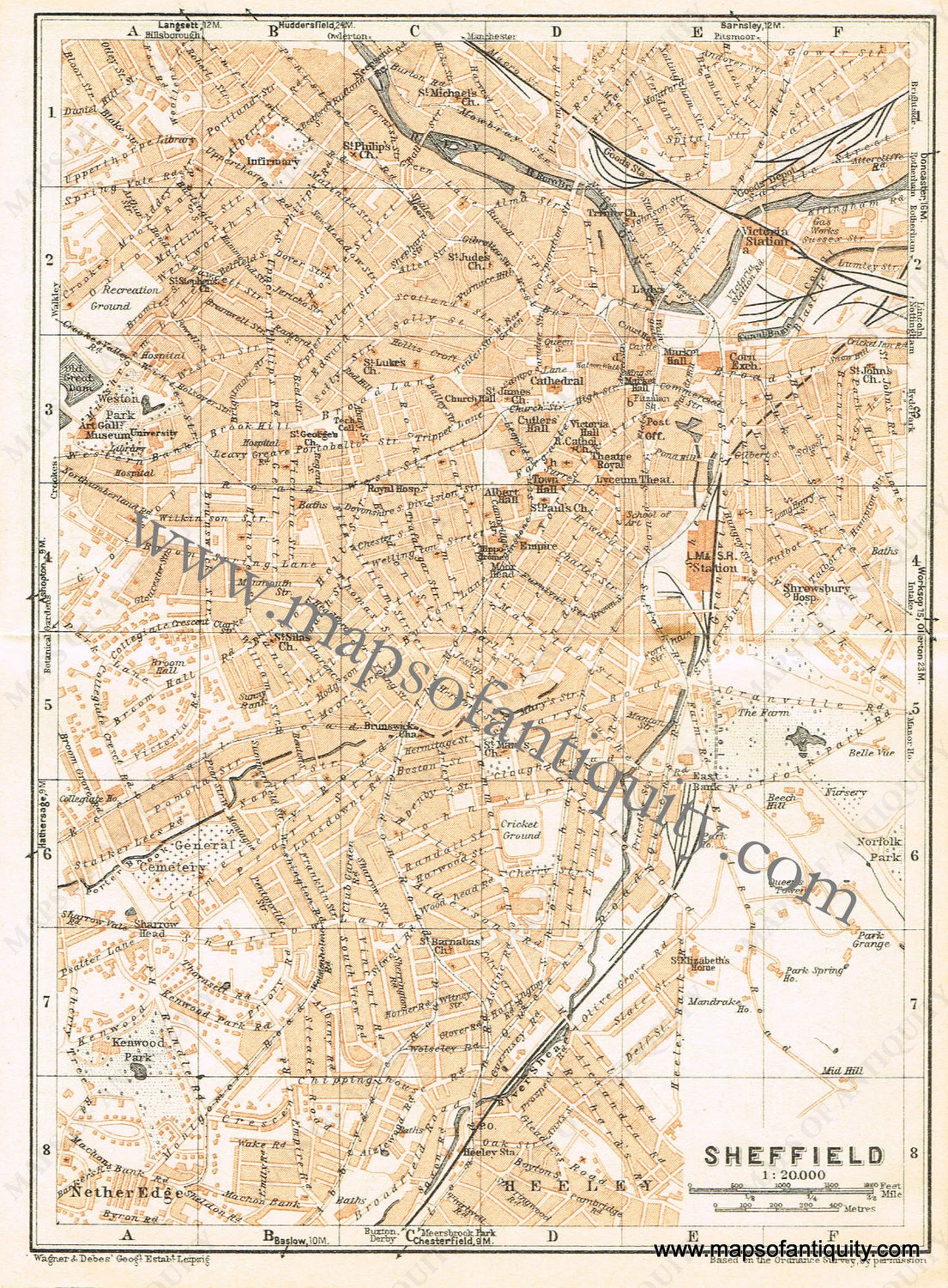 Antique-Printed-Color-Map-Sheffield-England-Europe-England-1927-Baedeker-Maps-Of-Antiquity