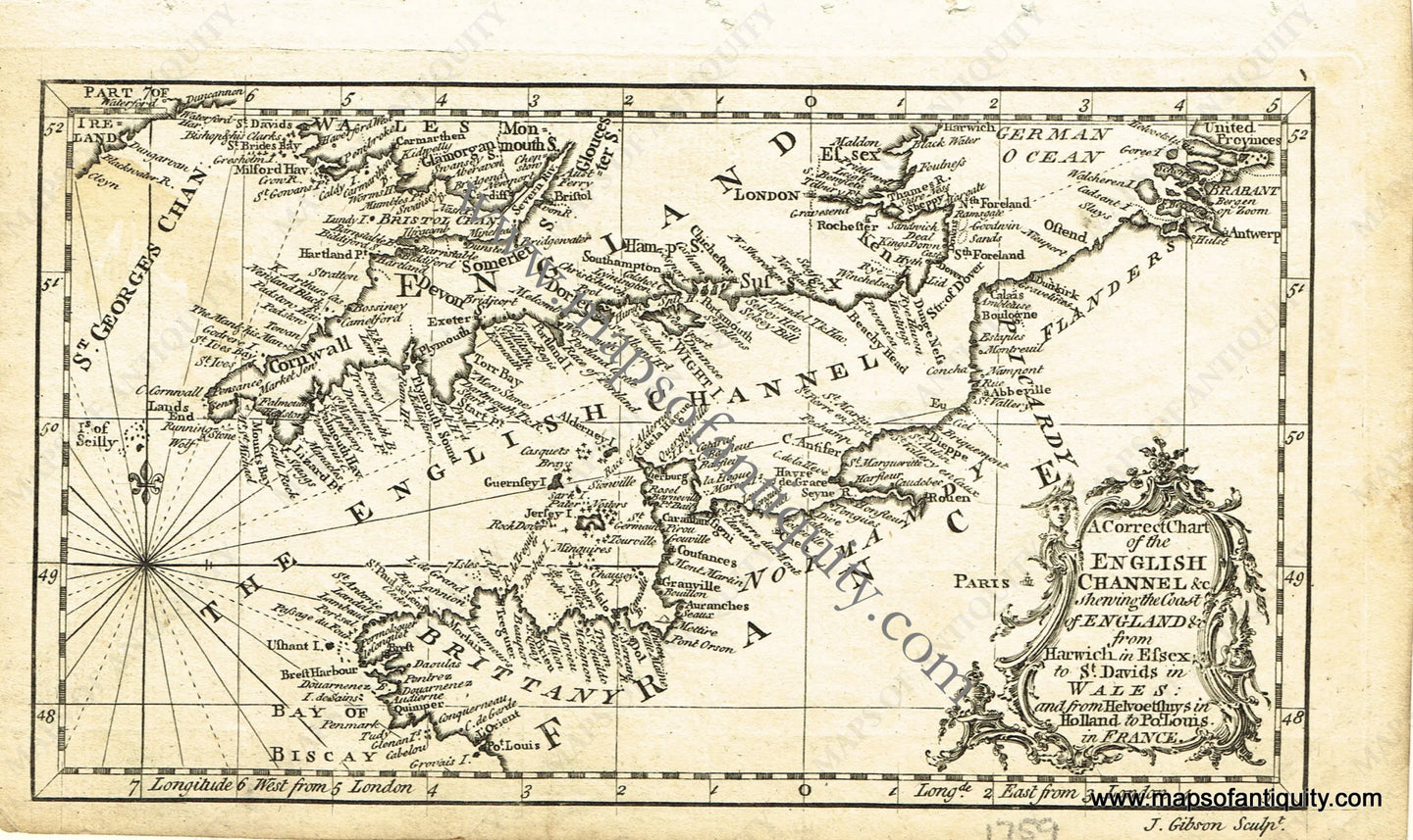 Antique-Uncolored-Map-A-Correct-Chart-of-the-English-Channel-&c.-shewing-the-Coast-of-England-&-from-Harwich-in-Essex-to-St-Davids-in-Wales:-and-from-Helvoetsluys-in-Holland-to-Port-Louis-in-France.-**********-Europe--1759-Gibson-Maps-Of-Antiquity