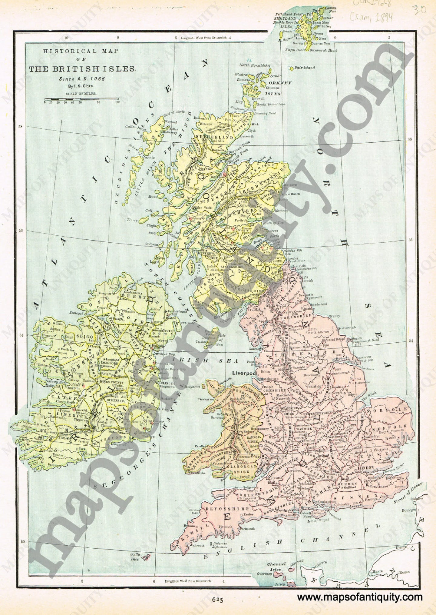 Antique-Printed-Color-Map-Historical-Map-of-The-British-Isles-Europe-England-1894-Cram-Maps-Of-Antiquity