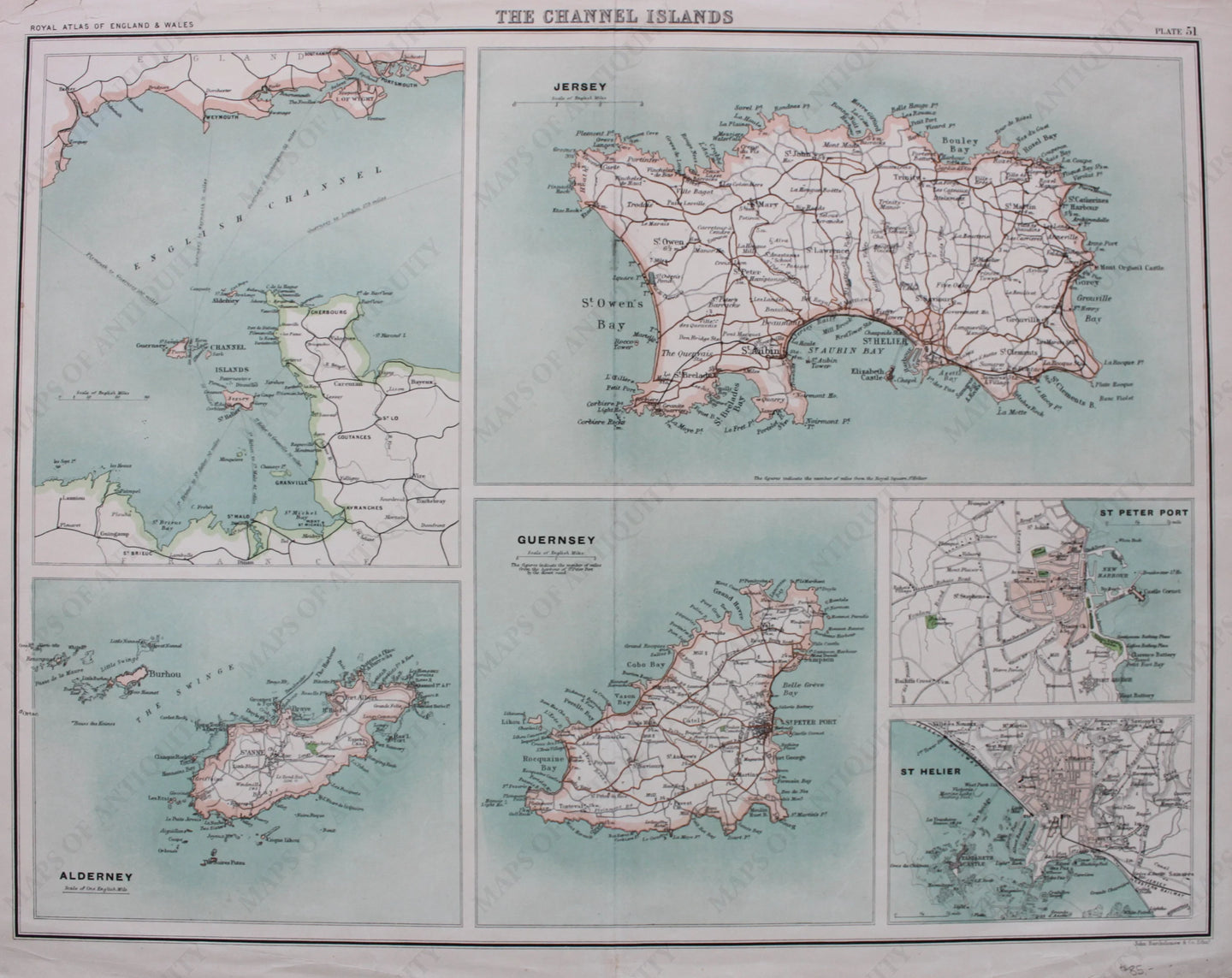 Antique-Printed-Color-Map-The-Channel-Islands-Europe-France-1850-Bartholomew-Maps-Of-Antiquity