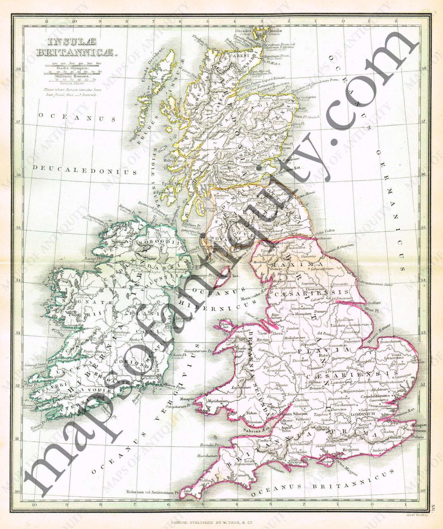 Antique-Hand-Colored-Map-Insulae-Britannicae-Europe-Ancient-World-England-Ireland-Scotland-1840-Findlay-Maps-Of-Antiquity